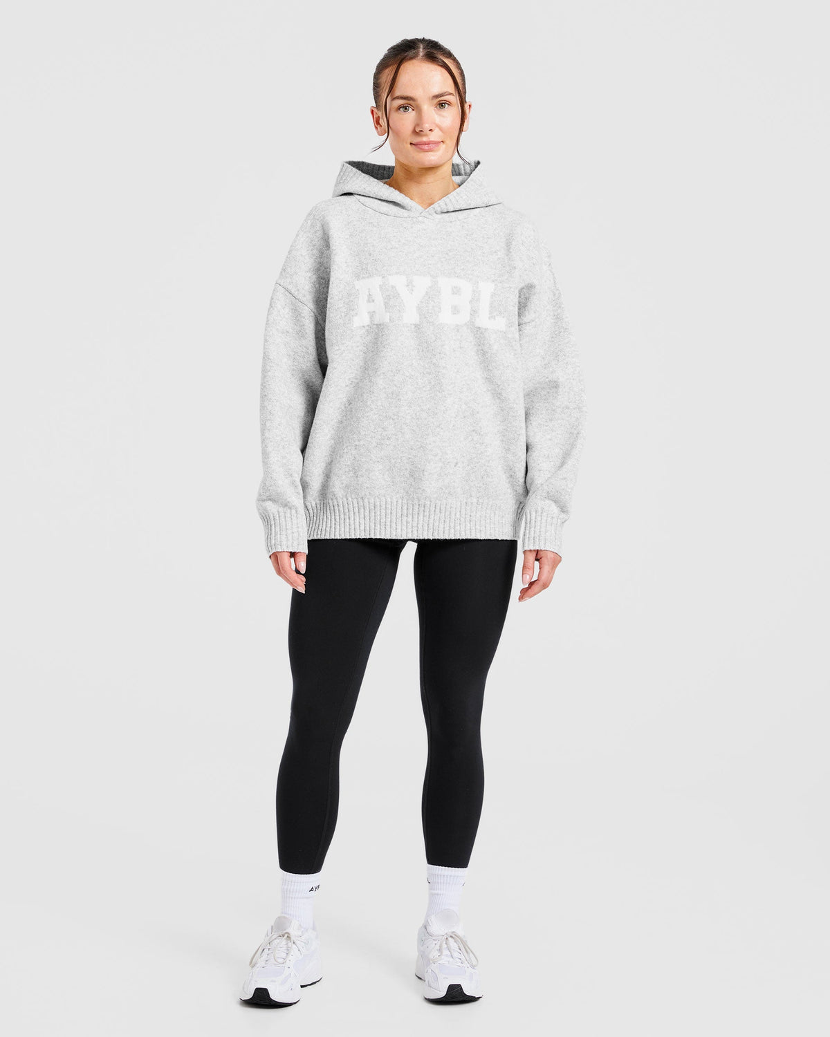 Varsity Oversized Knitted Hoodie - Grey Marl